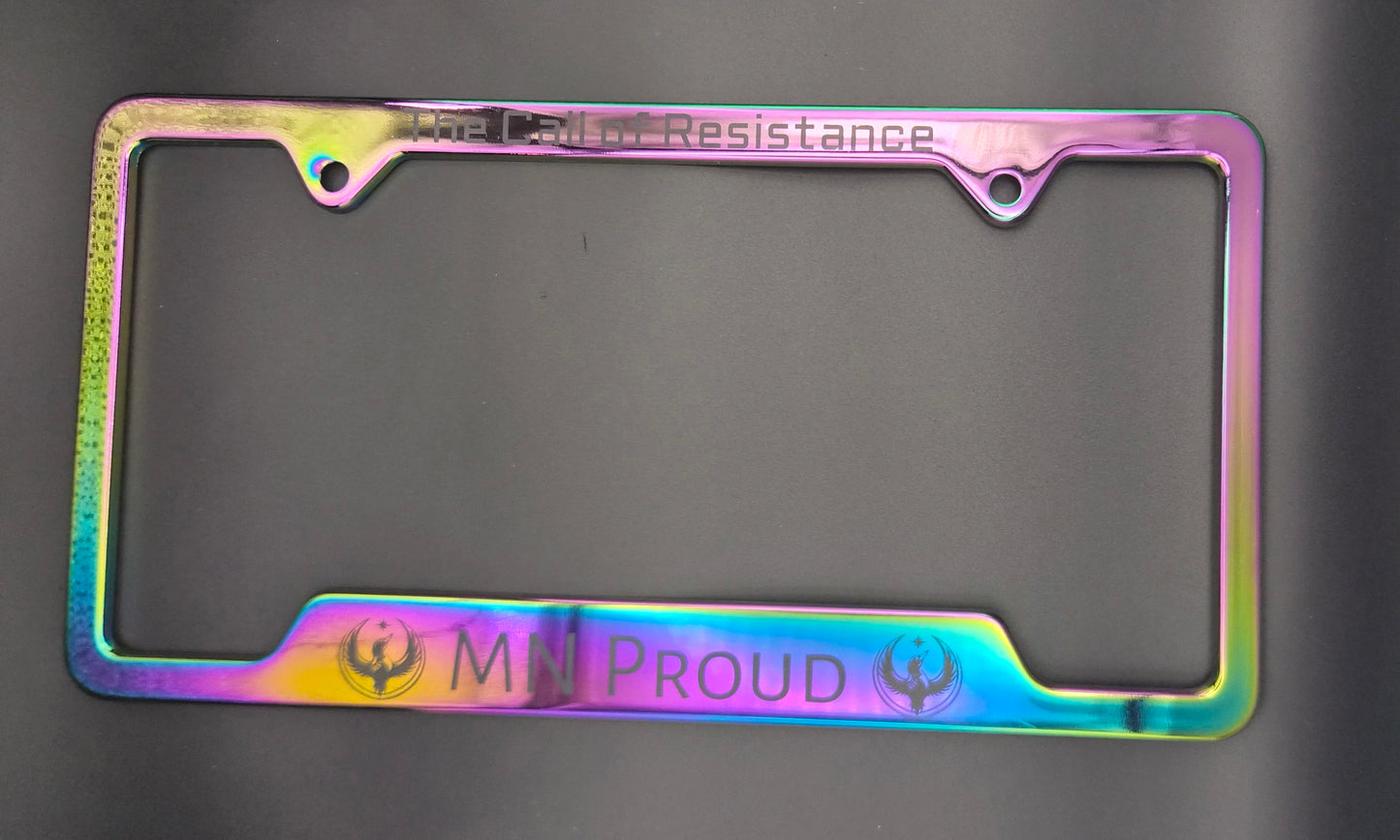 Metal Rebel Loon Laser-Engraved License Plate Frame Rainbow Iridescent Electroplated | Obsidian ArtWorks
