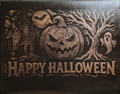 12x18 black Halloween canvas with laser-engraved haunted house, spooky pumpkin, ghost and Happy Halloween lettering in soft copper and metallic tones.