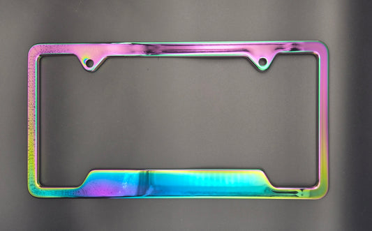 Custom Metal Laser-Engraved License Plate Frame Rainbow Iridescent Electropated | Obsidian ArtWorks